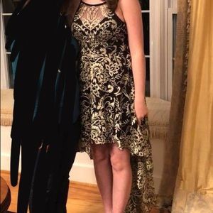 Embroidered Black & Gold High Low Prom Dress